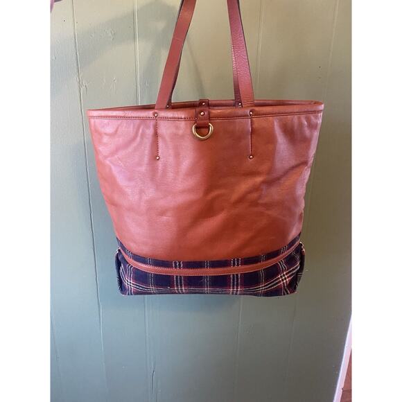 Brooks Brothers 2pc Tote & Wristlet Tan Leather Plaid Tartan Double Shoulder Bag - Picture 6 of 15